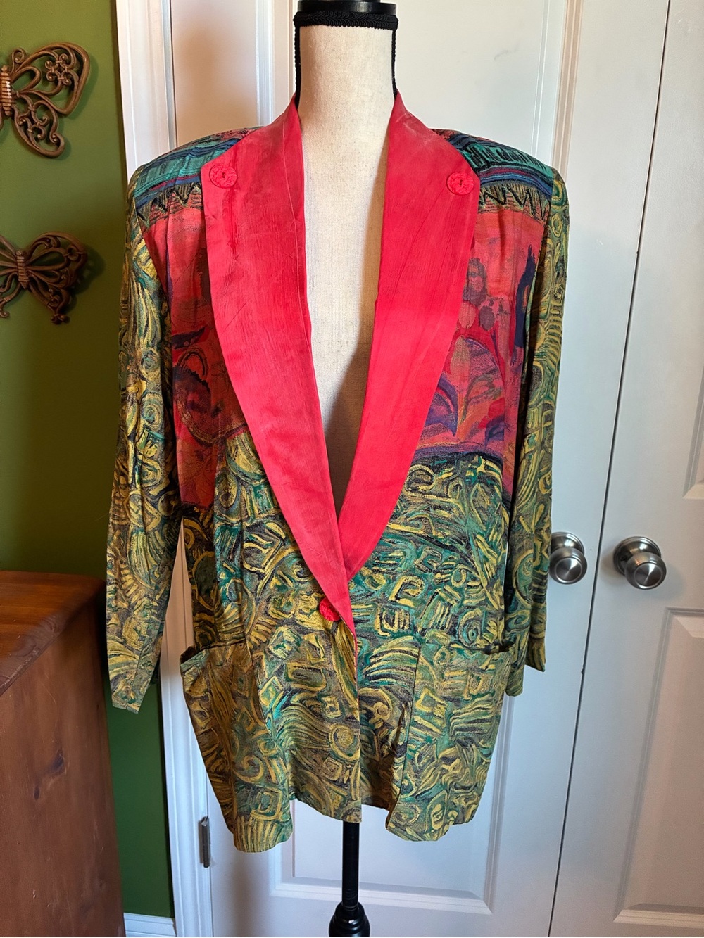 Casual Corner Statement Blazer Red Lapel Watercolor Front Pockets Rayon 8 80s